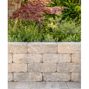 Diephaus Mauerstein Collo Muschelkalk, helle Steine mit gebrochenen Kanten, als Gartenmauer mit Pflanzen.