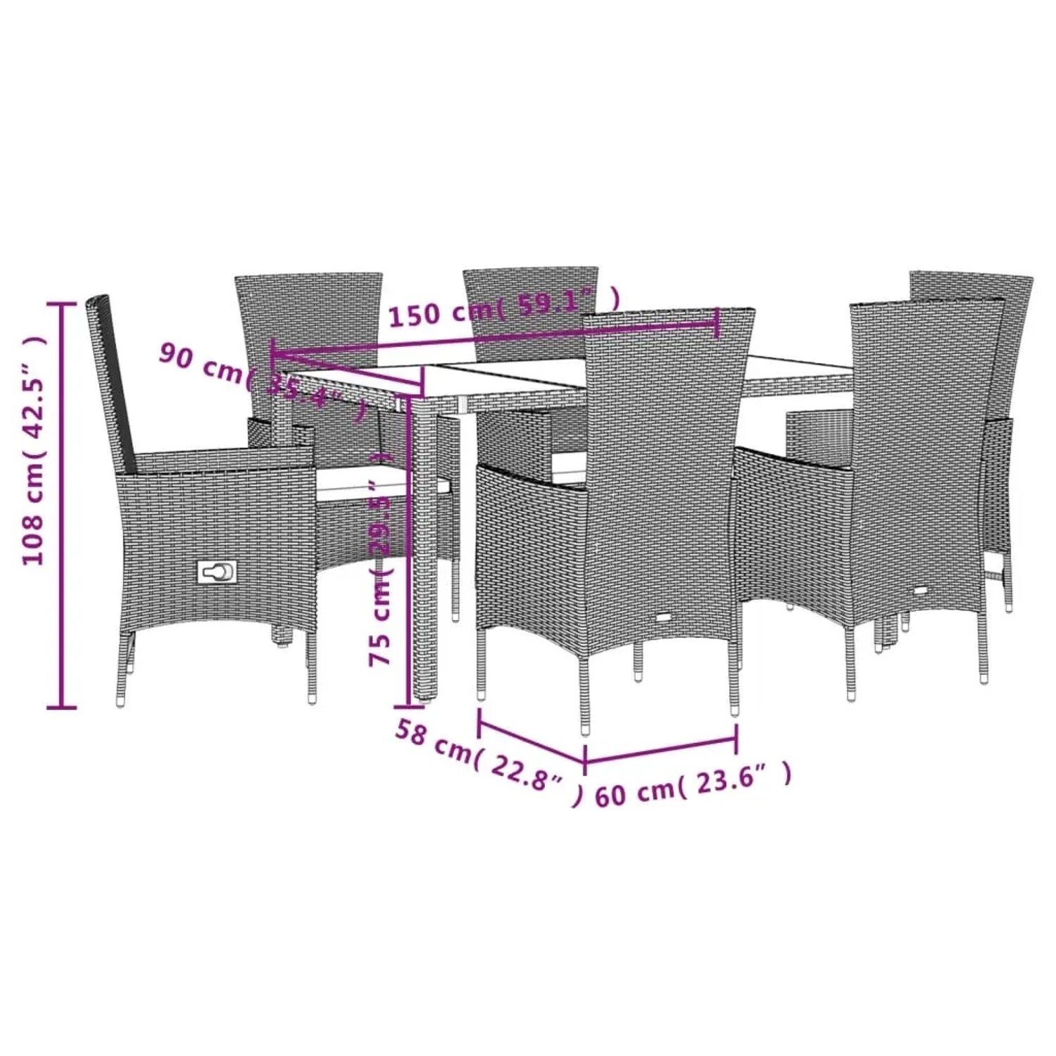 7-tlg. Garten-Essgruppe vidaXL mit beigen Polyrattan-Stühlen und Tisch mit Glasplatte.