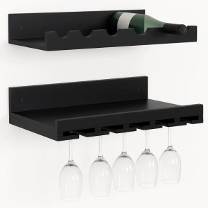Schwarzes MCW 2er-Set Weinregal aus Holz zur Wandmontage, mit Fächern für Flaschen und Haltern für Gläser.