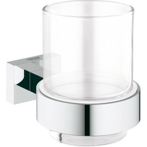Grohe Essentials Cube Glas mit Halter, Chrom, zur Wandmontage. Badaccessoire für Zahnputzbecher.
