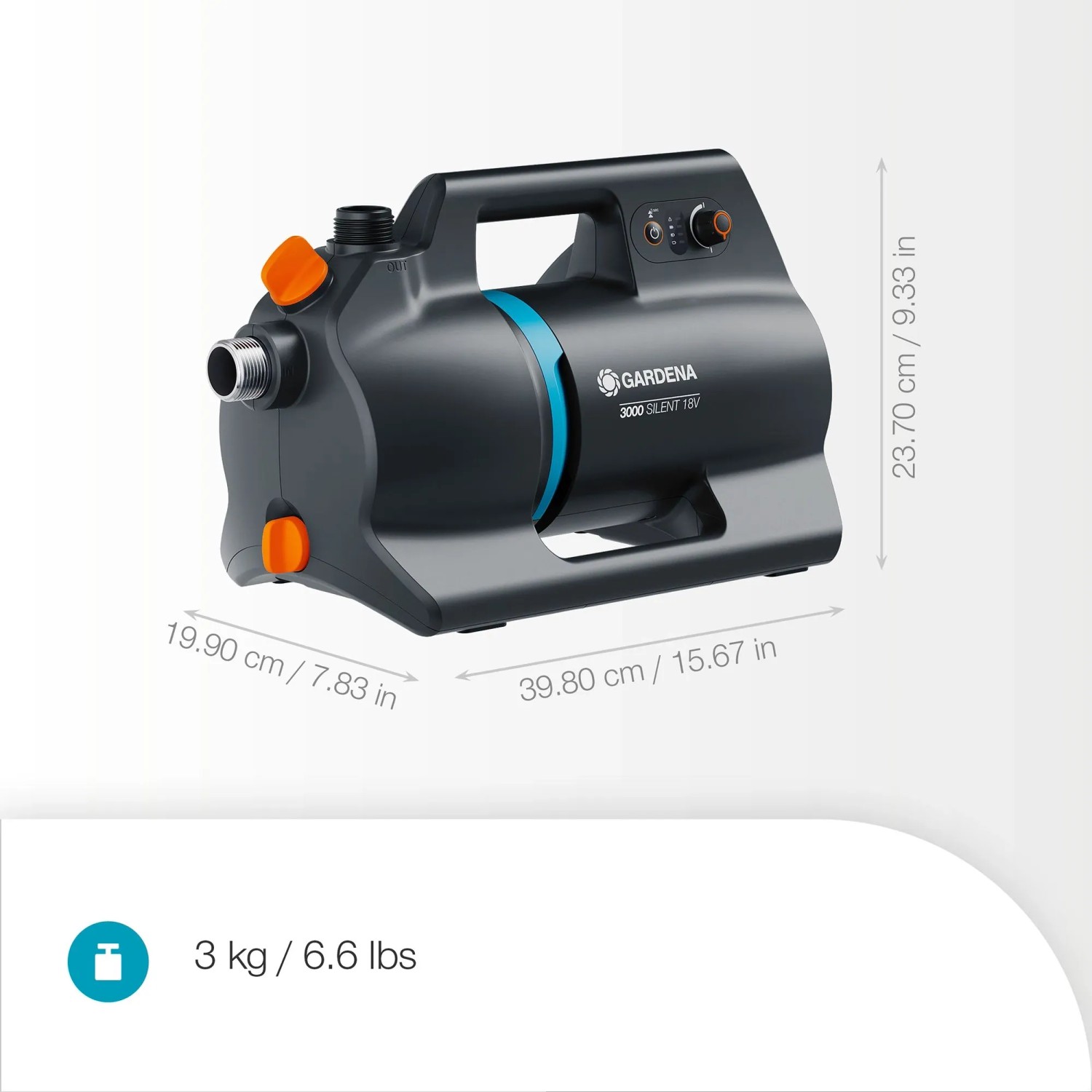 Gardena Akku-Gartenpumpe 3000 Silent 18 V P4A Solo mit Maßangaben.