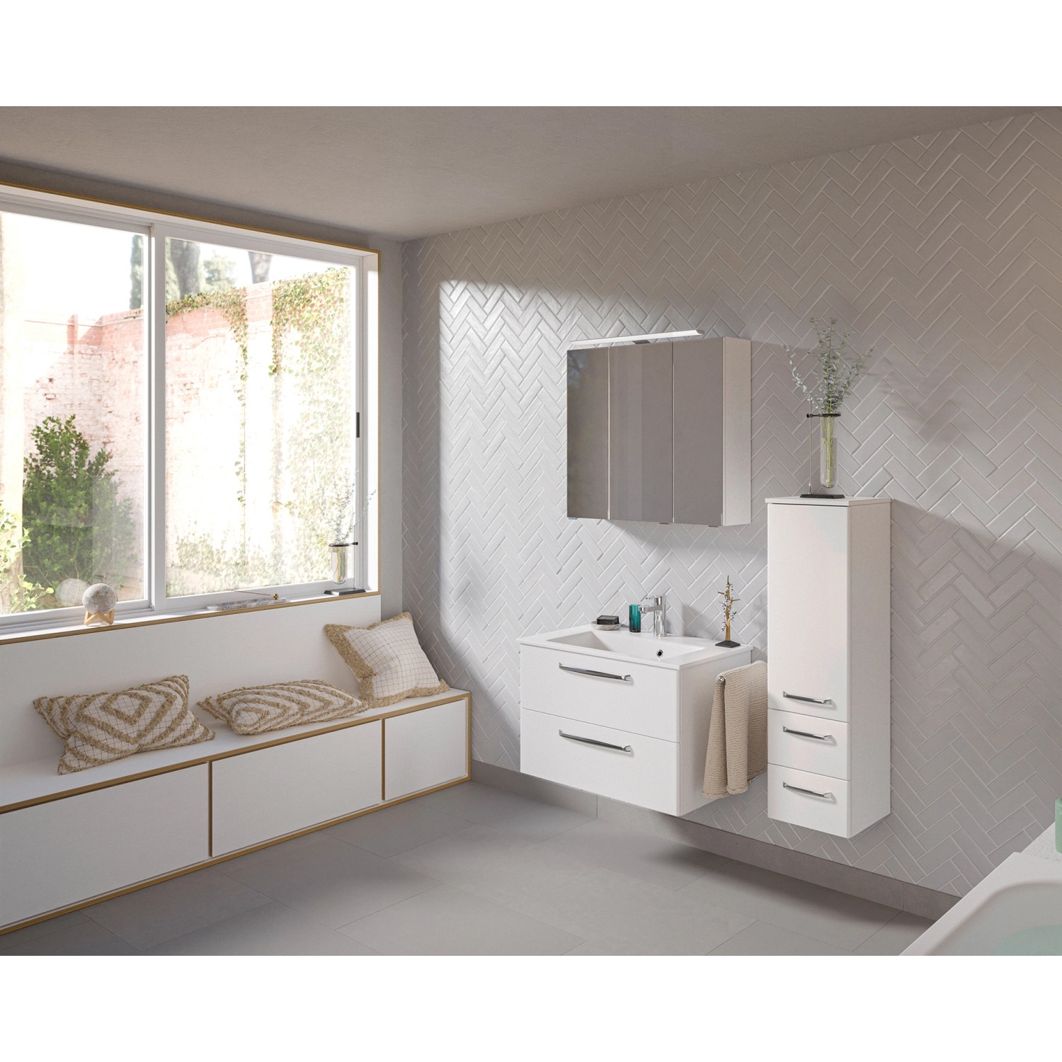 Pelipal Trentino Bad-Hängeschrank, Weiß Hochglanz, 30 cm breit. Badmöbel zur Wandmontage mit Schubladen.