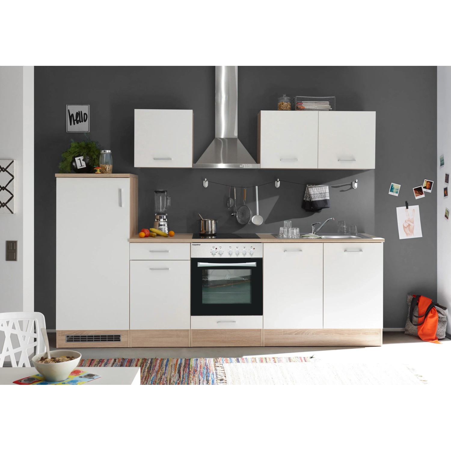 respekta Economy Küchenblock 270 cm, Korpus & Arbeitsplatte Eiche Natur (Nachbildung) Weiss, Glaskeramikkochfeld