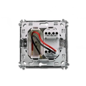 TEM MODUL PLUS Kontroll Taster, silber, Unterputz-Modul. Rückansicht mit Verkabelung für Schalterinstallation.
