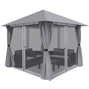 Grauer Sekey Pavillon 300x300 cm mit Spitzdach, 4 Seitenteilen und Moskitonetzen für Garten & Sonnenschutz.