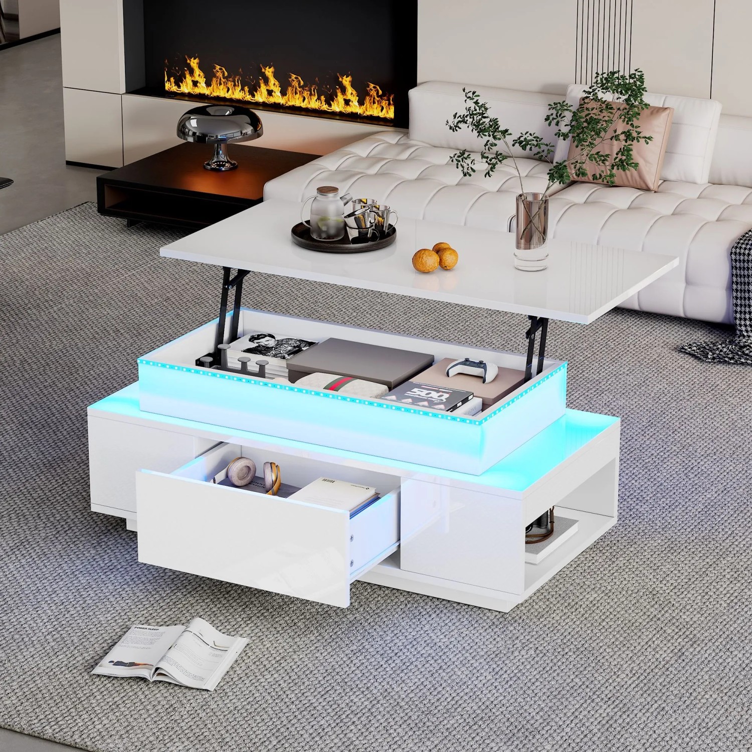 Merax Couchtisch Höhenverstellbar Mit Stauraum Schublade LED Hochglanz Weiß