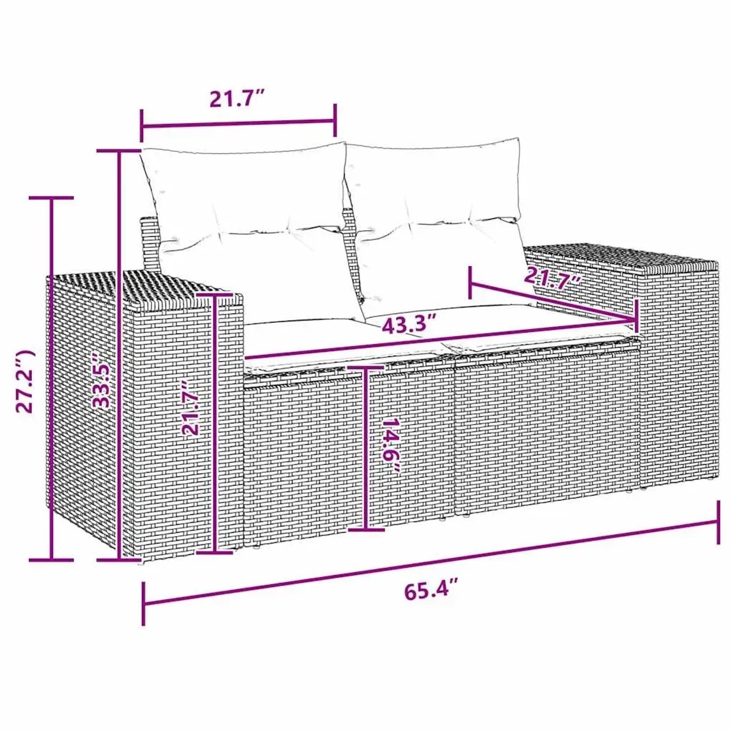 vidaXL Garten-Sofa-Set, 11-teilig, schwarz, Poly Rattan, mit Maßangaben.