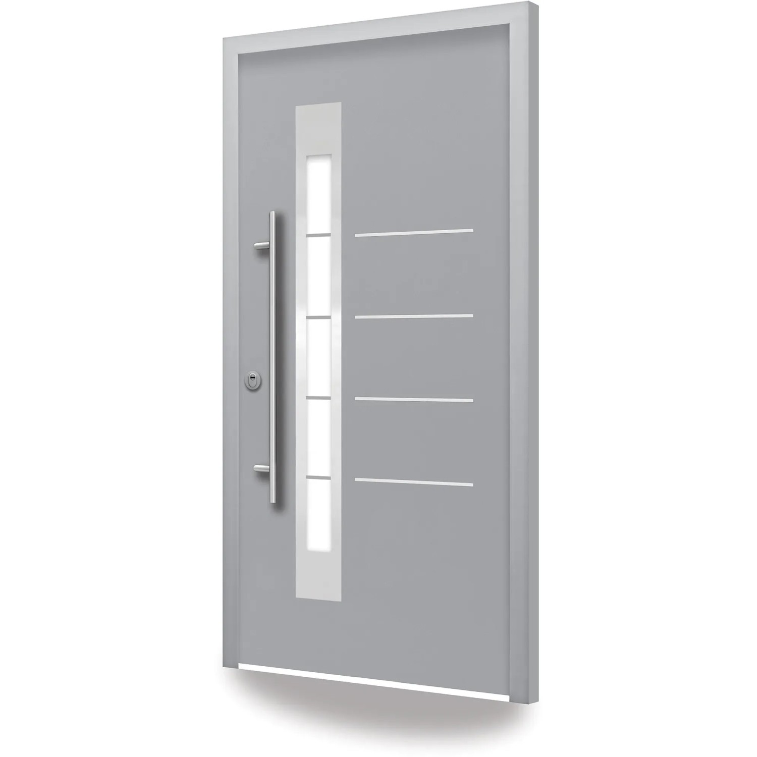 Graue Splendoor Sicherheits-Haustür Berlin Prime RC2 mit Edelstahlgriff und Glaseinsatz.