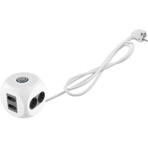 Weiß-grauer Steckdosenwürfel mit Schutzkontakt-, Euro- und USB-Anschlüssen sowie An-/Aus-Schalter.