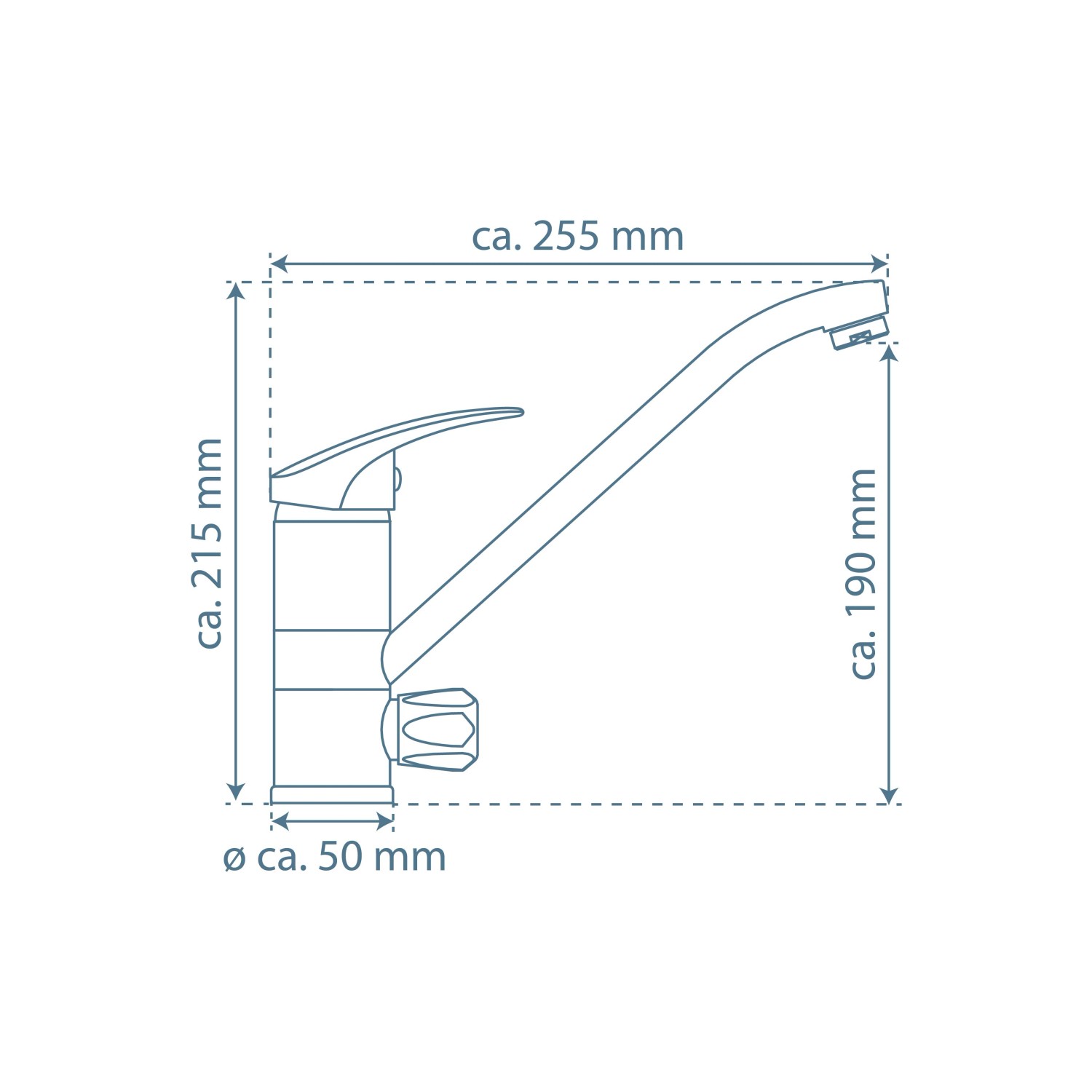 Skizze der Schütte Spültischarmatur Ultra Chrom mit Geräteanschluss und Maßangaben.