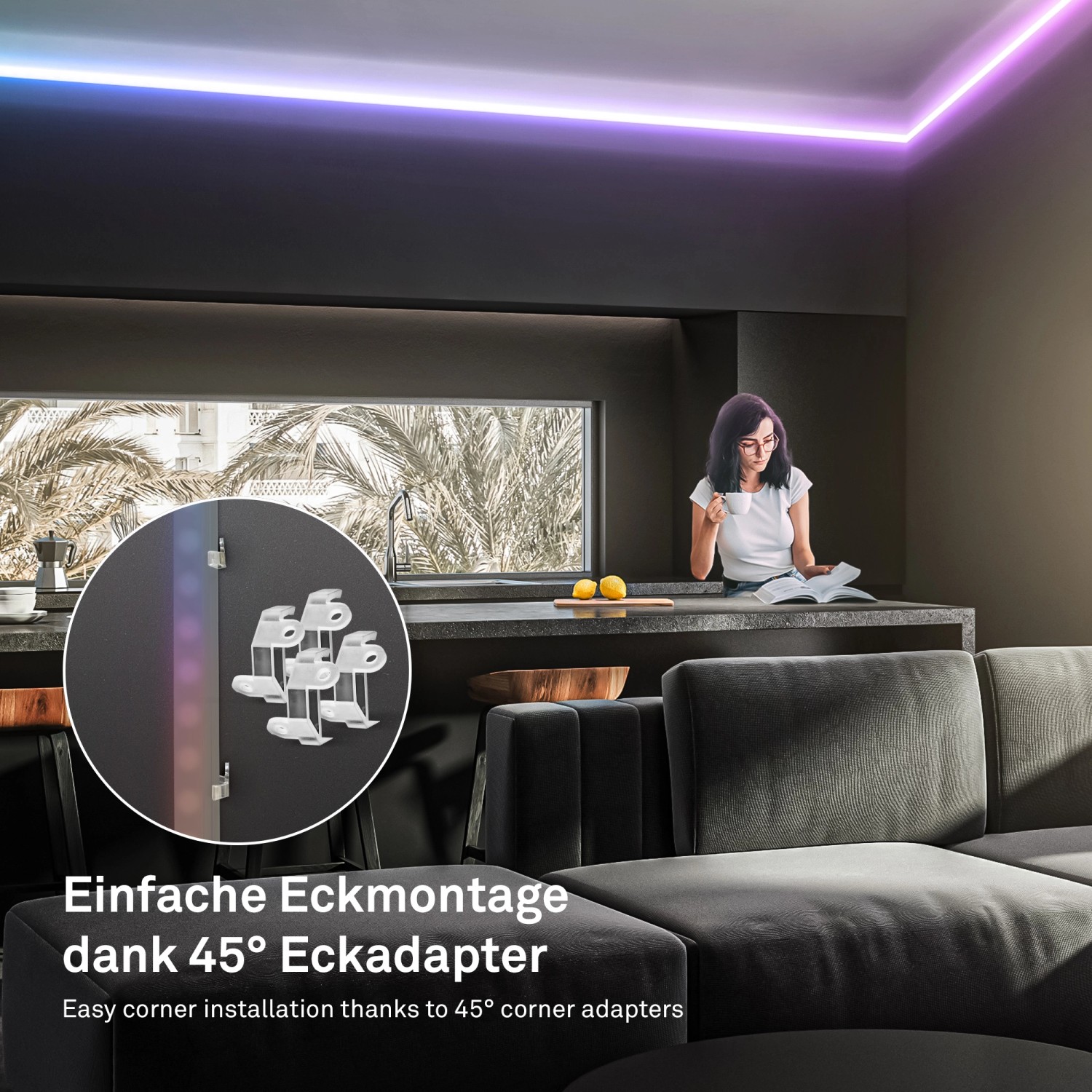Briloner LED-Band Starter-Set im Wohnraum mit Eckmontage und RGB/W Beleuchtung.