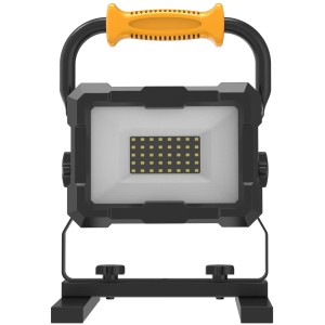 LED-Baustrahler 20W für Elektrowerkzeugakkus, schwarz mit gelbem Griff.