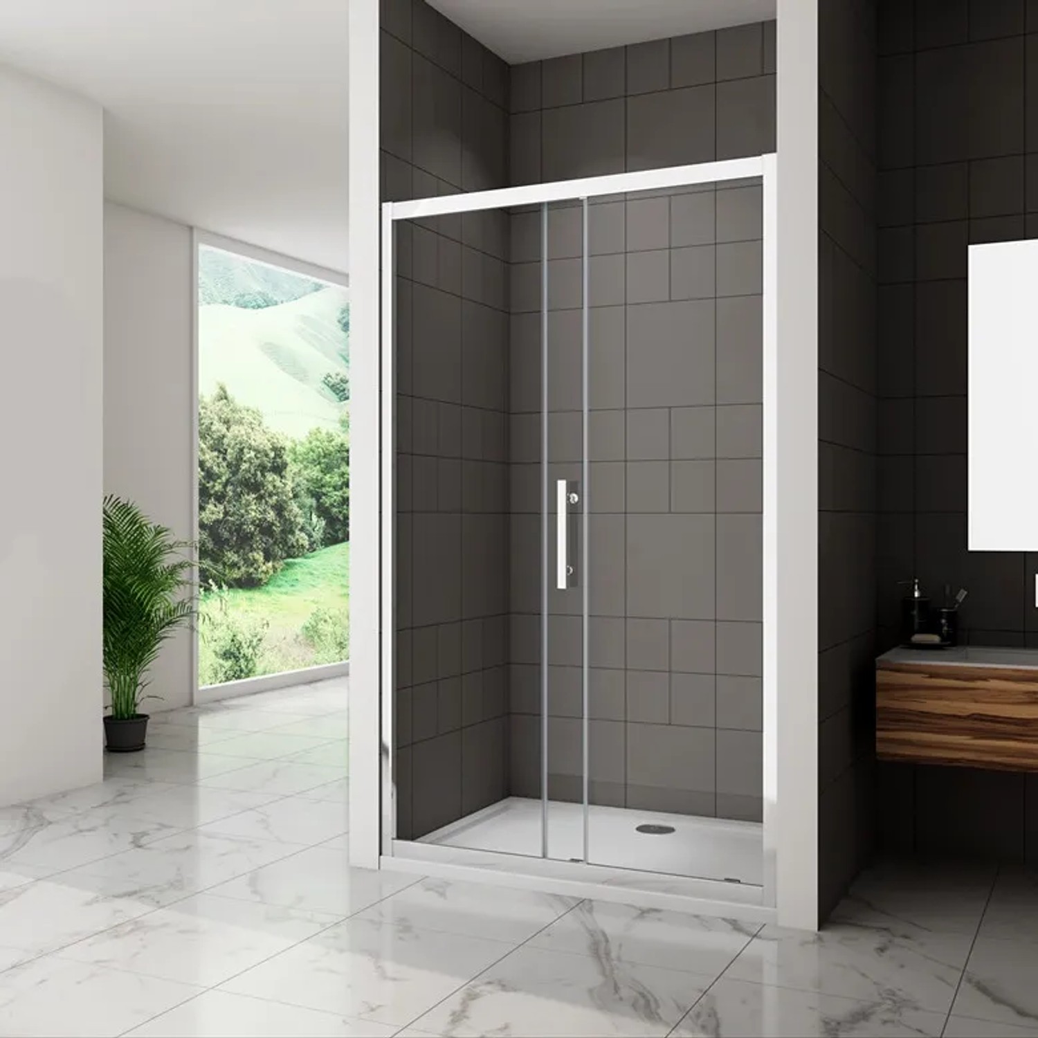 Duschparadies Nischentür 100x190cm mit Schiebetür aus 8mm Nano Glas, chromfarbener Rahmen.