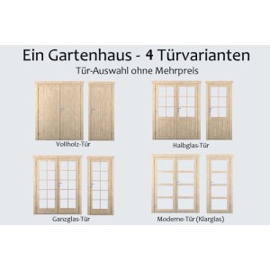 Fjordholz Gartenhaus Carin: Übersicht der 4 Türvarianten (Vollholz, Halbglas, Ganzglas, Modern)