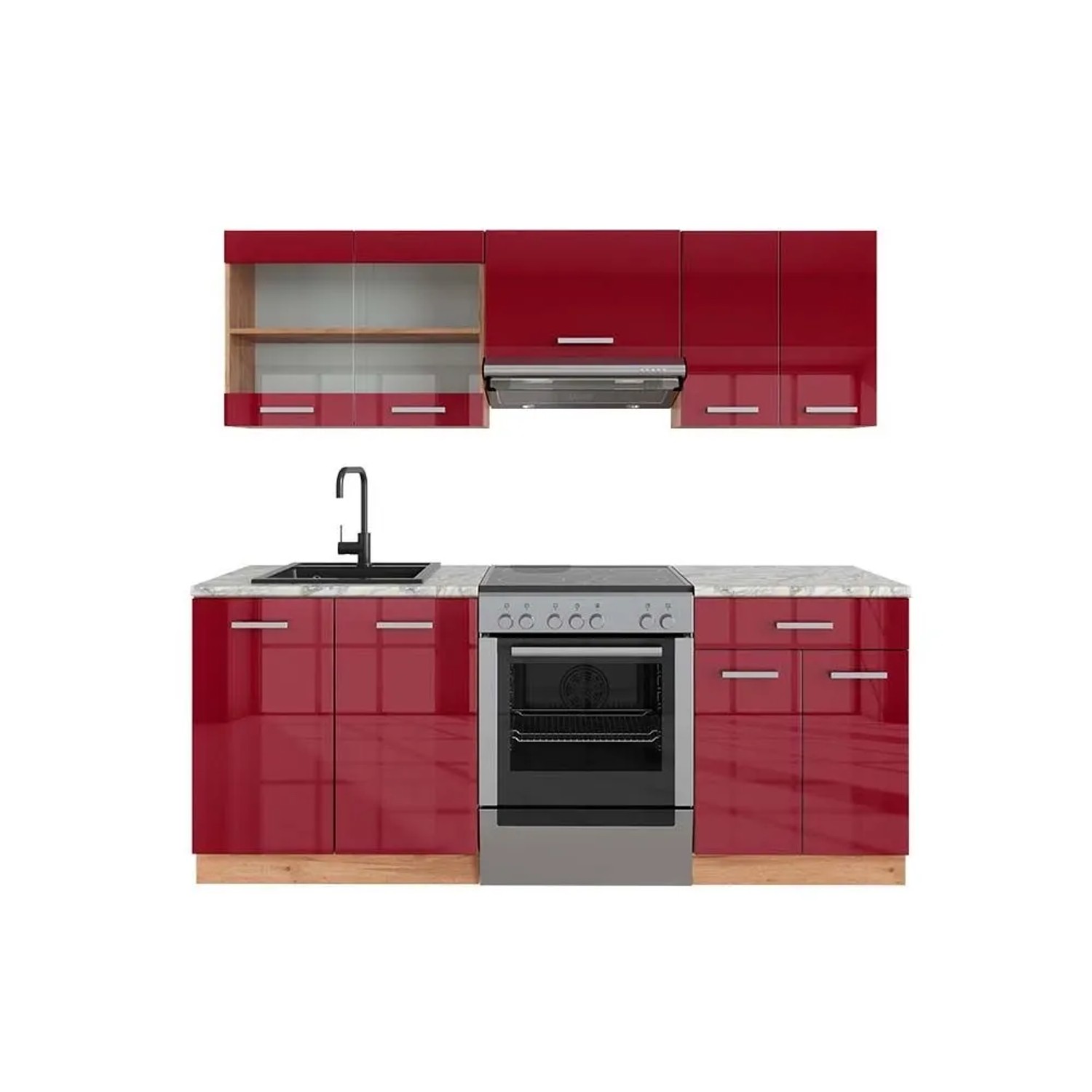 Vicco R-Line Küchenzeile Bordeaux Hochglanz Goldkraft Eiche 200 cm AP Marmor ohne E-Geräte