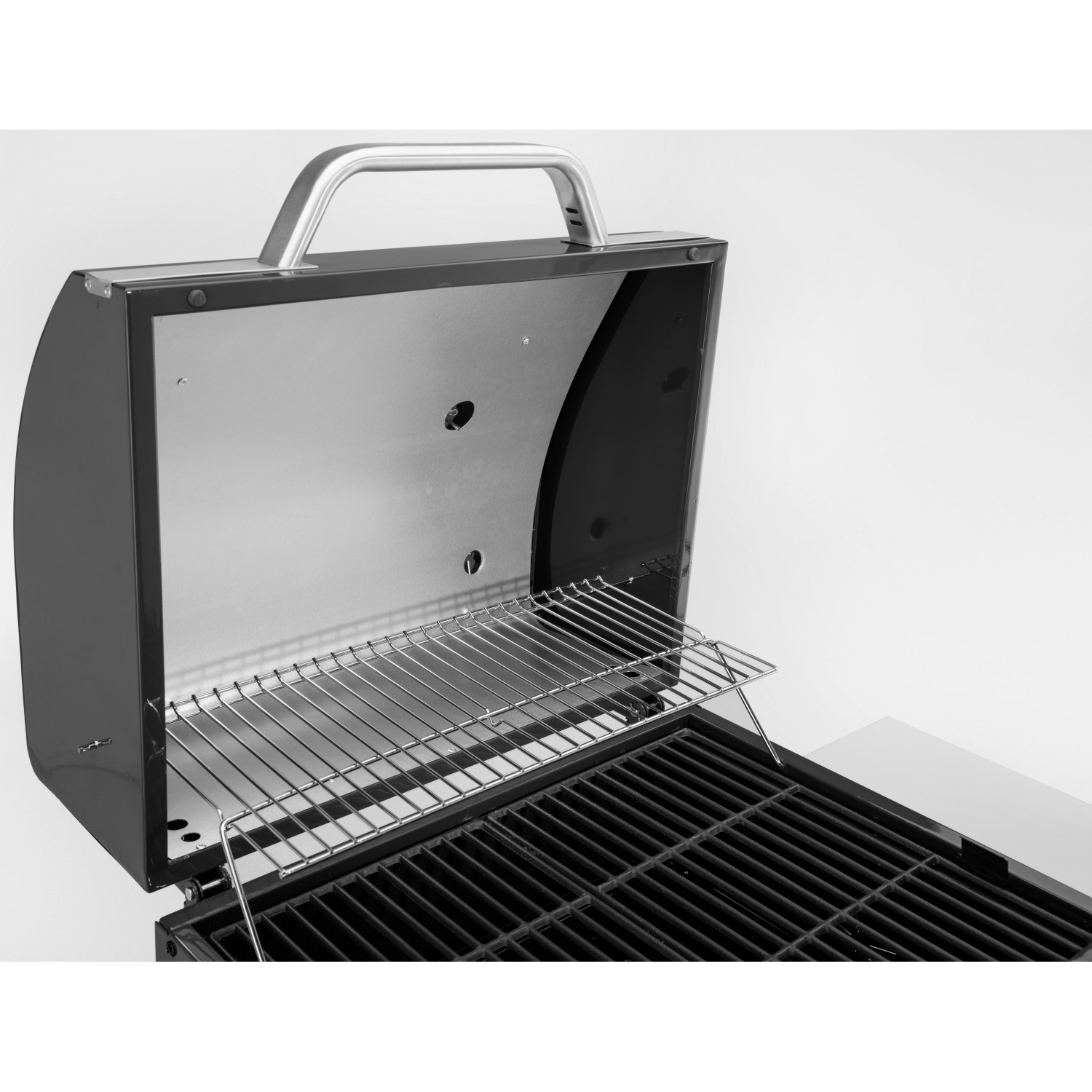 Offener Landmann Holzkohlegrillwagen Dorado, schwarz, mit Grillrost und Warmhalterost.