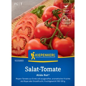 Kiepenkerl Salat-Tomate Alido Rot F1-Hybride: Packung mit roten, reifen Tomaten und Tomatenscheiben.