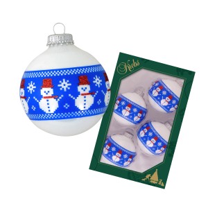 Krebs Glas Lauscha Weihnachtskugeln, 4er-Set, 7cm, mit blauem Schneemann-Banddekor.
