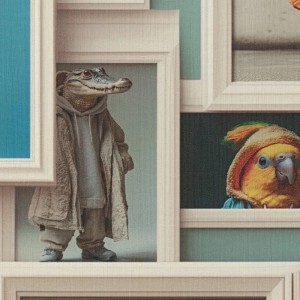 A.S. Creation Vliestapete mit bunten Tierporträts in Bilderrahmen: Krokodil in Mantel, Papagei in Mütze.