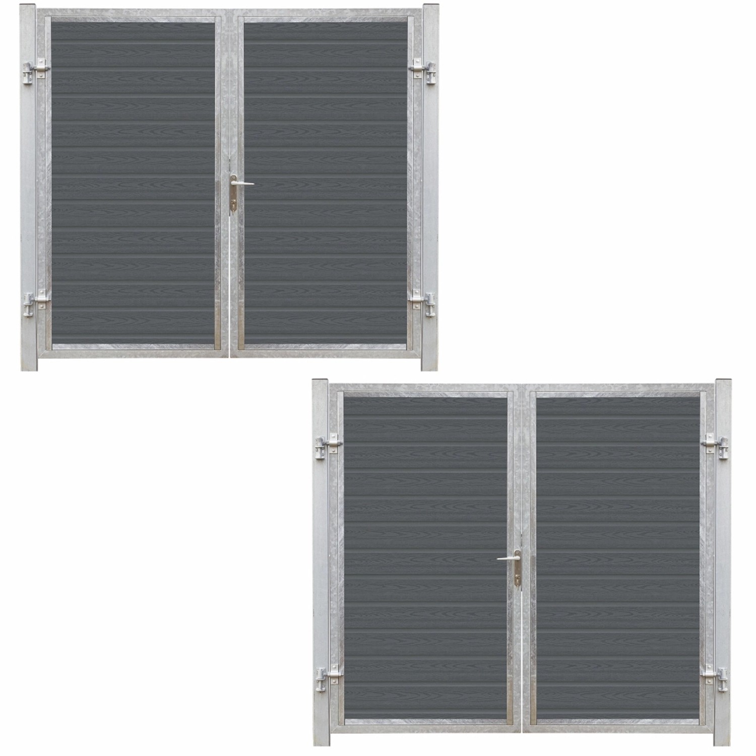 Doppeltor Artura in Schiefergrau mit silbernen Pfosten, Ansicht von zwei Gartentoren.