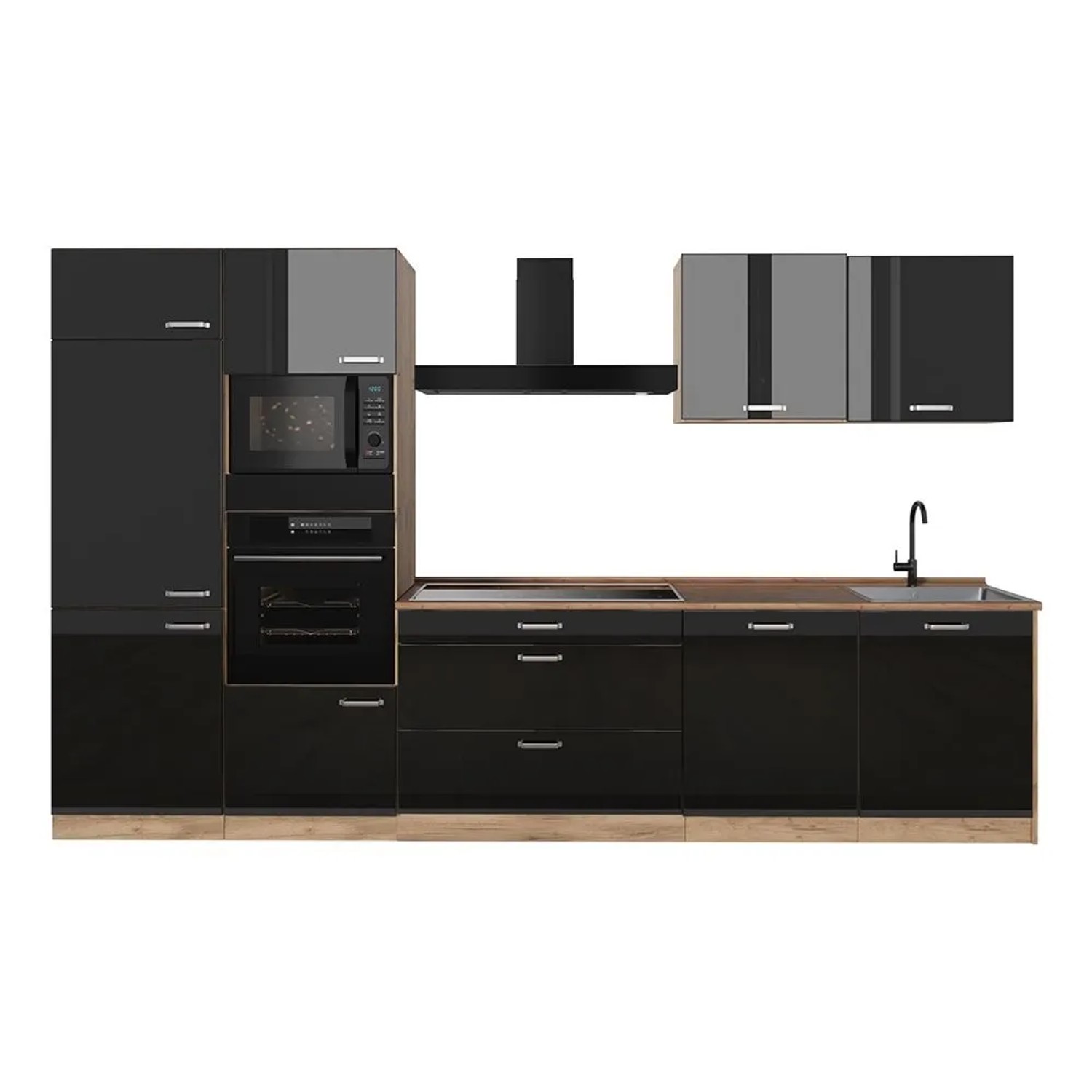 Vicco Küchenzeile R-Line Schwarz Hochglanz/Goldkraft Eiche 340 x 207 ohne Arbeitsplatte Art Nr 66580