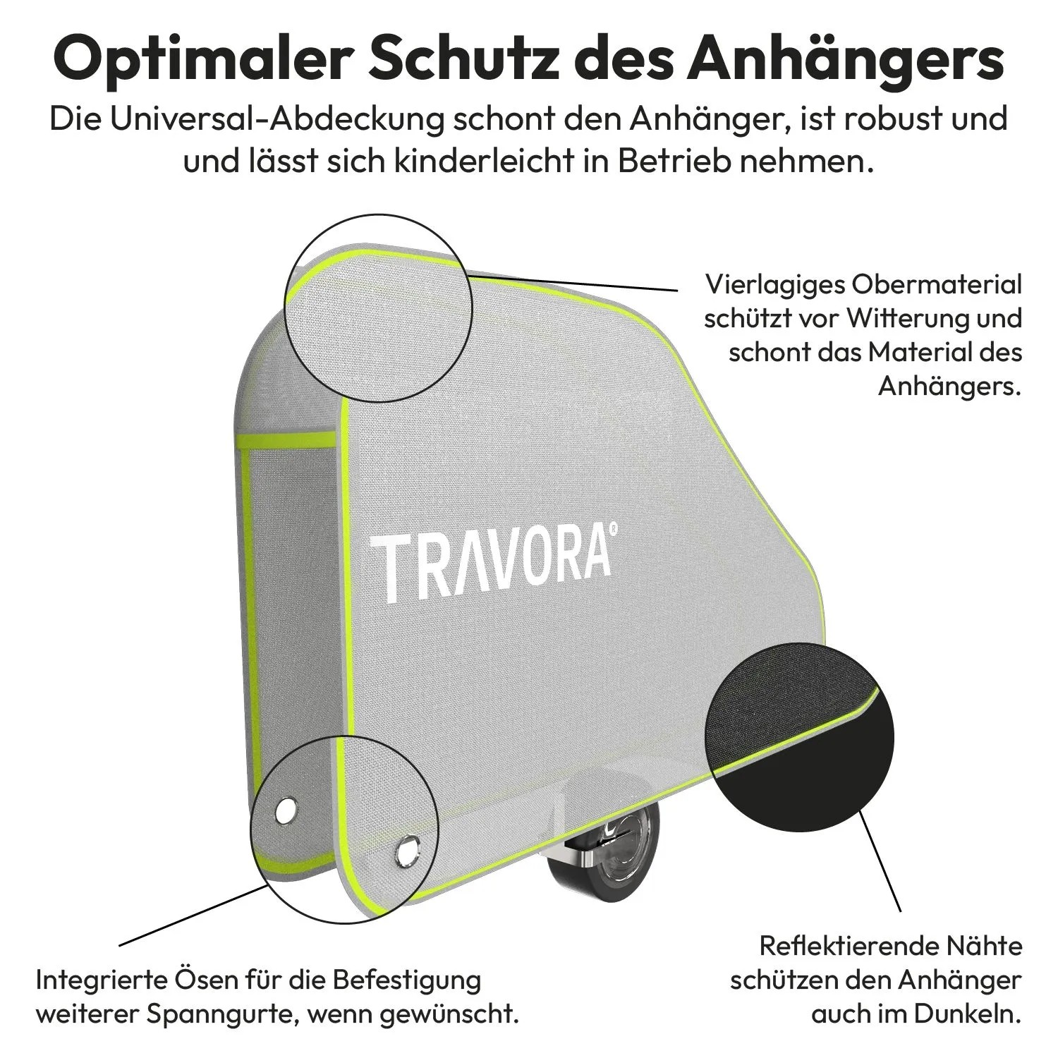 TRAVORA Deichselabdeckung für Wohnwagen, grau mit neongelben Kanten. 4-lagige Schutzhülle, reflektierende Nähte, Ösen.