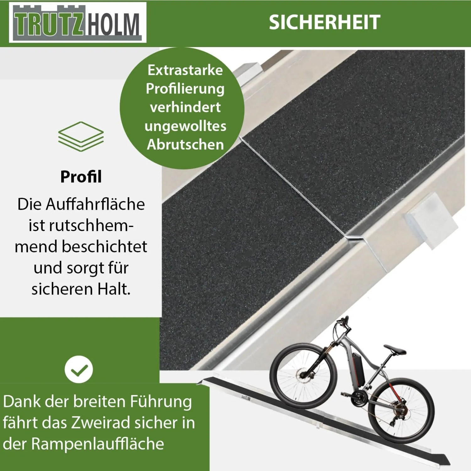 TRUTZHOLM Alu Auffahrrampe mit rutschfester Oberfläche für sicheren Halt, ideal für Fahrräder und E-Bikes.