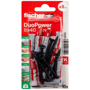 Fischer DuoPower Universaldübel 8x40 mm mit Schrauben, 10er-Pack. Dübel für verschiedene Baustoffe.