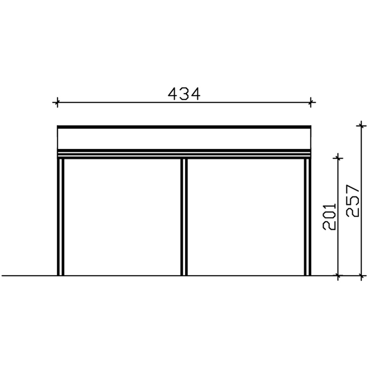 Technische Zeichnung der Skan Holz Garda Terrassenüberdachung, 434 x 307 cm, Aluminium Anthrazit.
