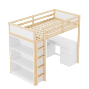 Weiß-holzfarbenes Hochbett 90x200cm mit integriertem Schreibtisch, Regal und Leiter. Platzsparendes Kinderbett.