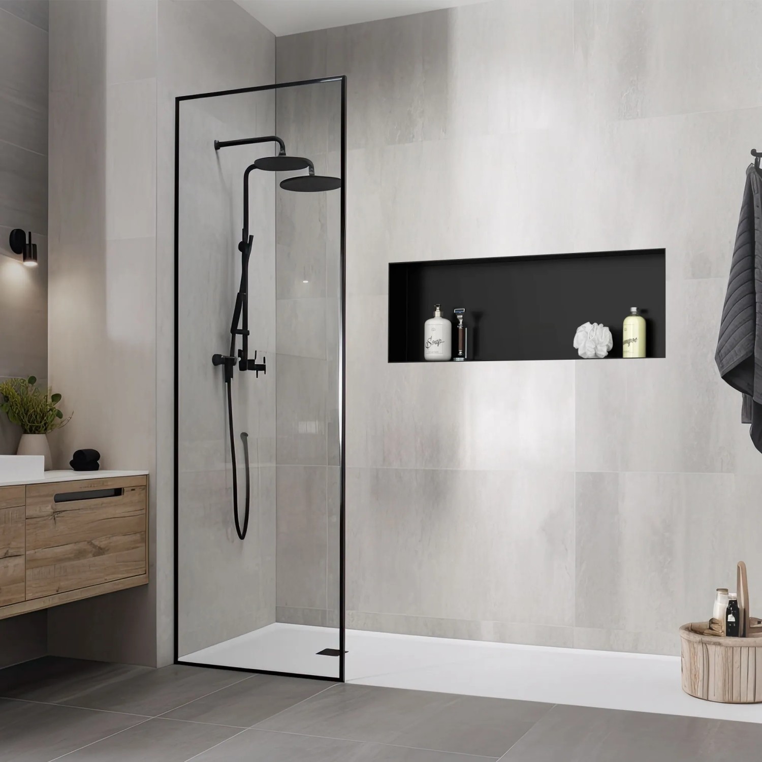 LuxeBath Wandnische, 90x30x10 cm, schwarz, aus Edelstahl. Einbauregal für Duschzubehör im Badezimmer.