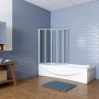 Badewannenaufsatz 120x140cm, 5-teilige Faltwand aus ESG Glas, Rahmen Elektrophorese Weiß.