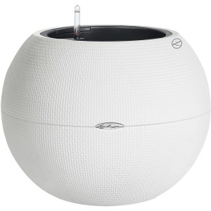 Weißer Lechuza Übertopf Puro, Ø 50 cm, mit Bewässerungssystem. Kugelform mit Webstruktur.