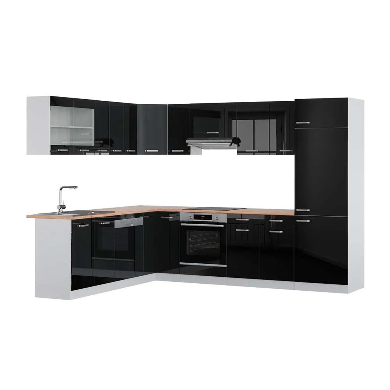 Vicco Eckküche R-Line Schwarz Hochglanz/Weiß 287 x 82, AP Eiche