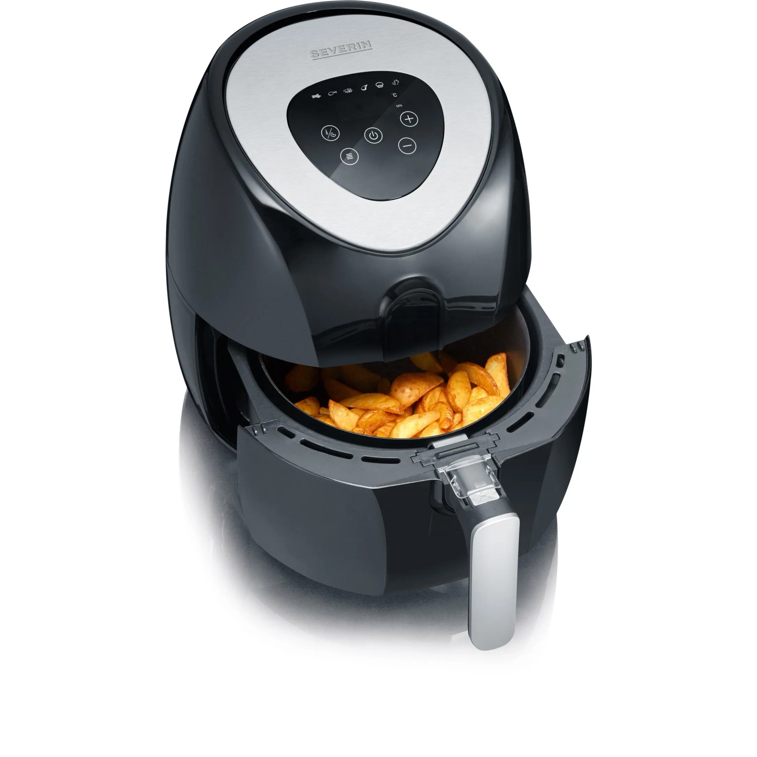 Severin Heißluft-Fritteuse FR 2430 (1500 W) mit Pommes im Frittierkorb.