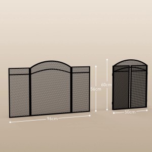 HOMCOM Kaminschutzgitter, klappbar, schwarz, mit Maßangaben offen und zusammengeklappt.