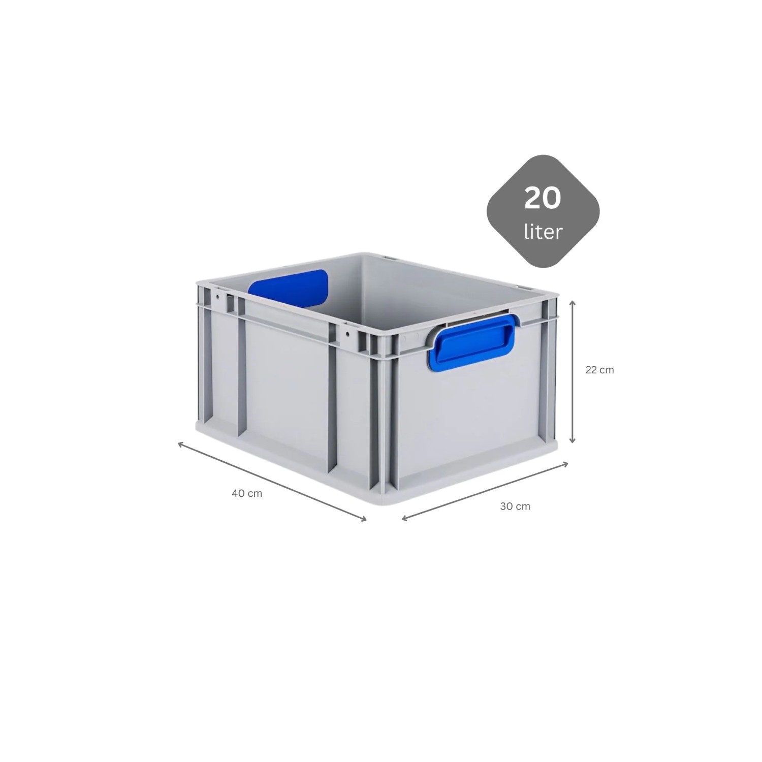 Graue PROREGAL Eurobox Nextgen Color, 22x30x40 cm, mit blauem Griff und Auflagedeckel.
