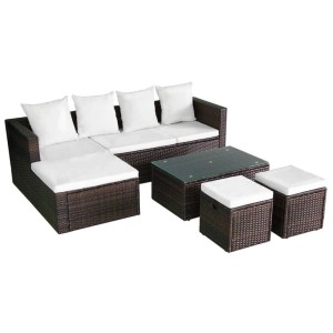 Braunes 4-tlg. vidaXL Garten Lounge Set aus Rattan mit Auflagen und Tisch.