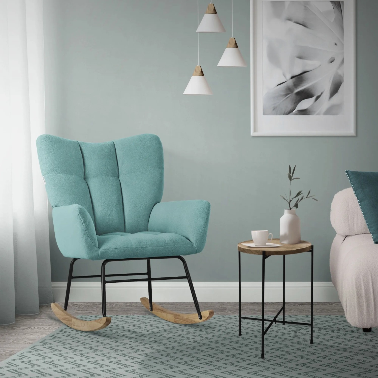 ML-Design Schaukelsessel in Salbei mit Frottee-Bezug und Holzfüßen.