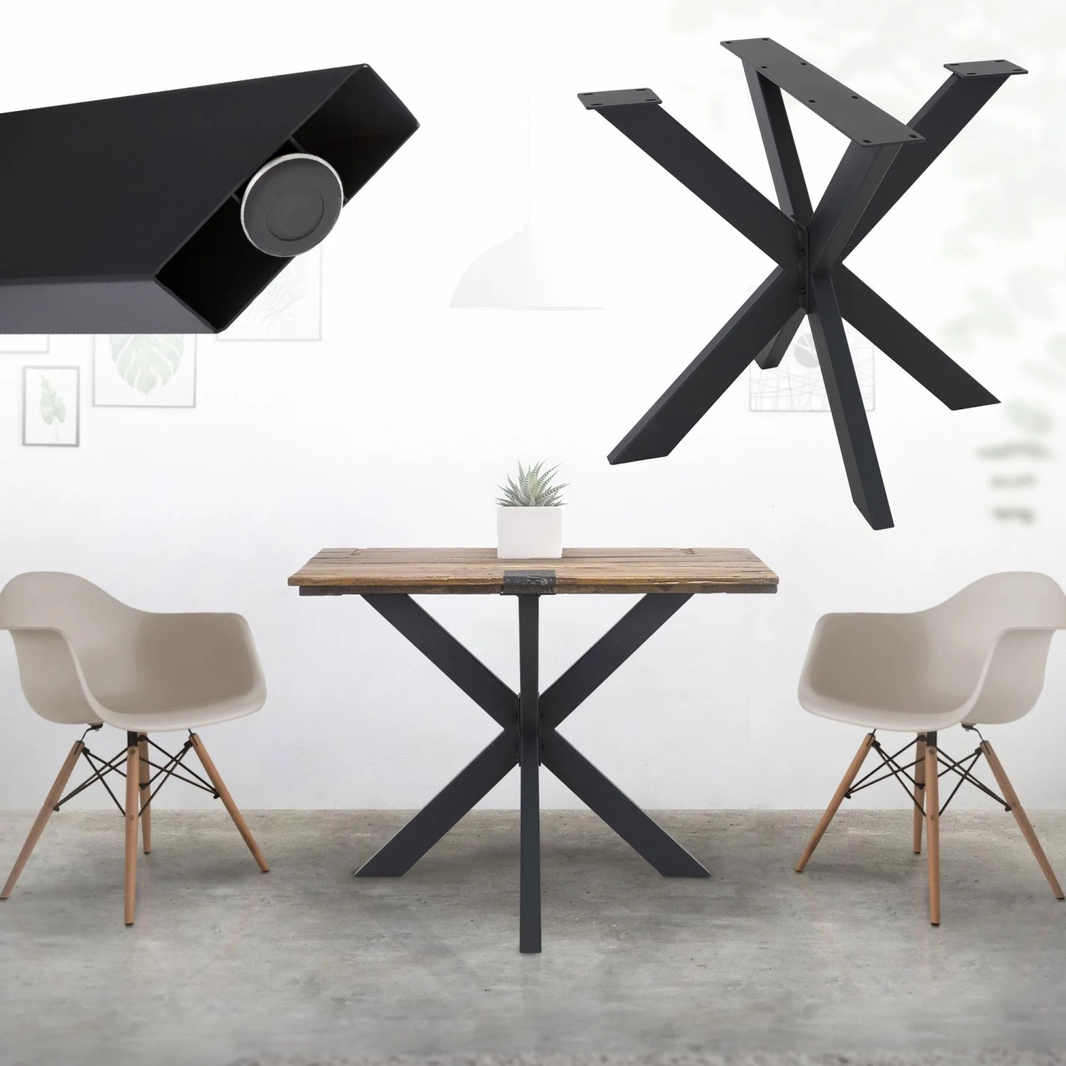 Schwarzes ML-Design Tischgestell Spider, 85x71x85 cm, Kreuzgestell im X-Design für Esstische.