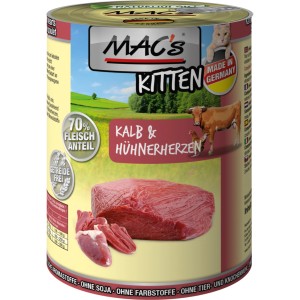 Mac's Katzen-Nassfutter Kitten Kalb & Hühnerherzen, 400g Dose. Getreidefreies Katzenfutter mit hohem Fleischanteil.