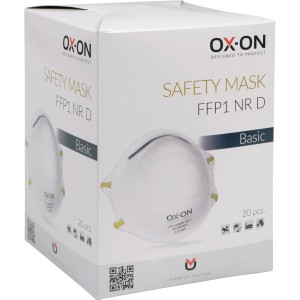 Verpackung OX-ON FFP1 Masken, 20 Stück, weiße Atemschutzmasken für staubige Umgebungen.