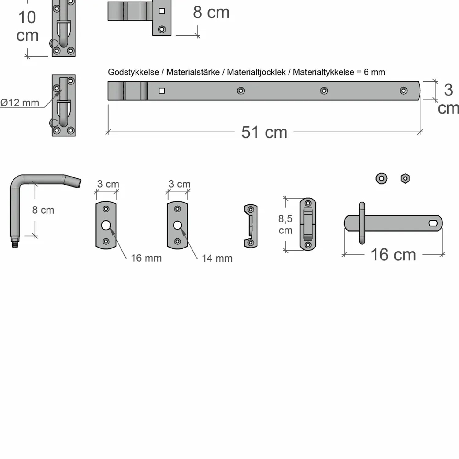 Detailzeichnung Torbeschlag-Set für Weidetor, Maße und Einzelteile dargestellt.