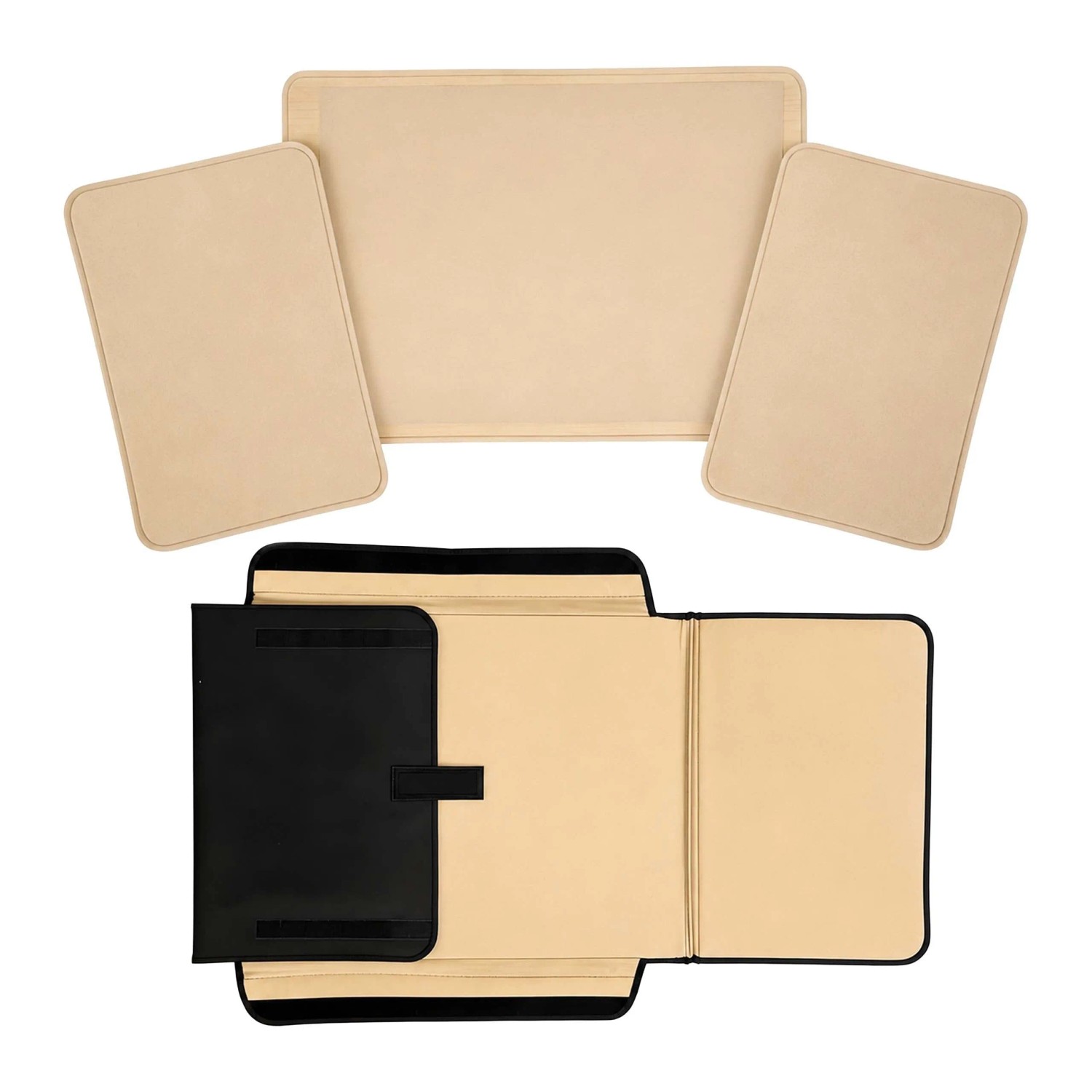 Relaxdays Puzzlekoffer Schwarz Beige, geöffnet. Zeigt große Puzzlematte und zwei Sortierablagen. Rutschfest, Polyester, mit Tragegriff.