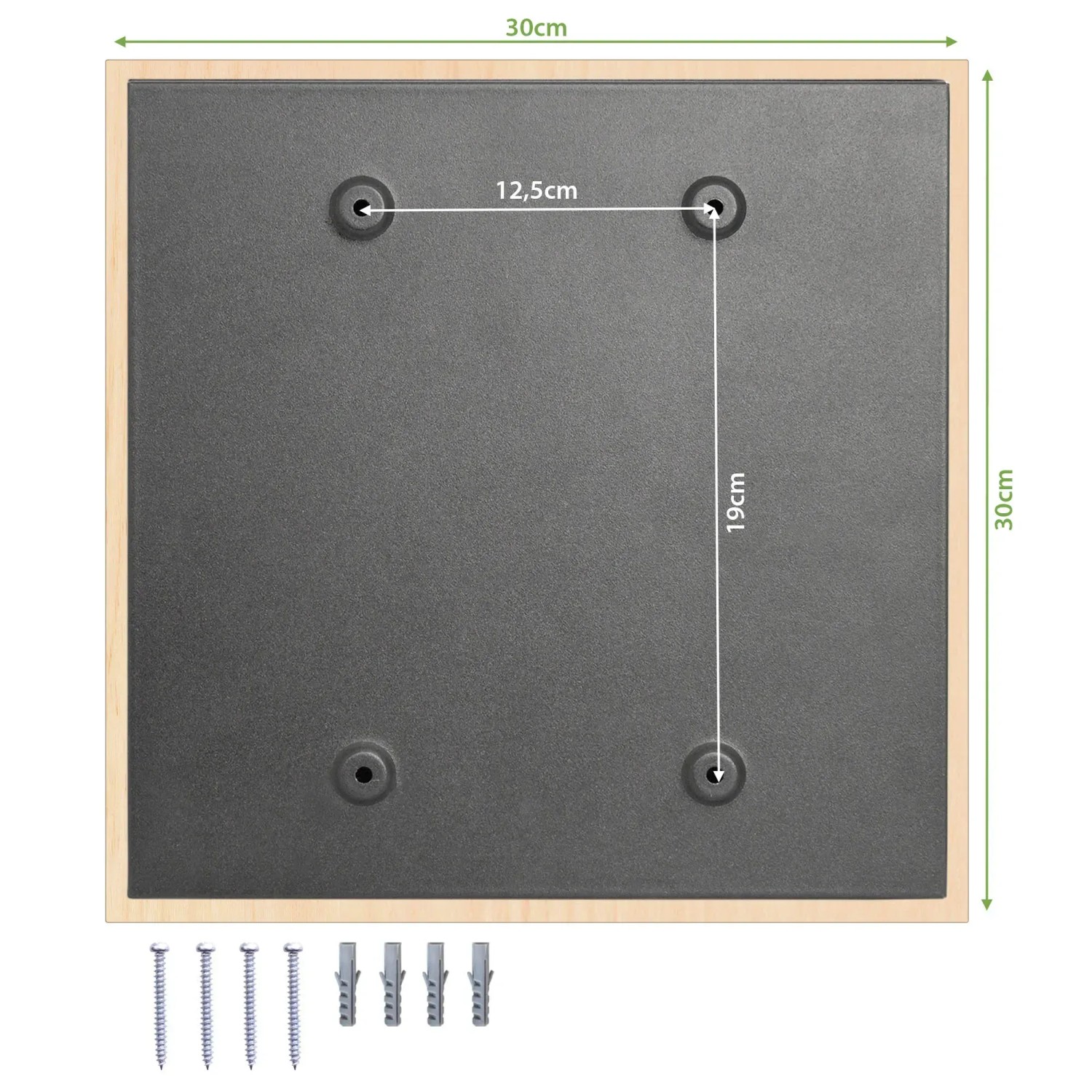 Rückseite des schwarzen Banjado Schlüsselkastens aus Holz (30x30cm) mit Maßangaben und Montagematerial.