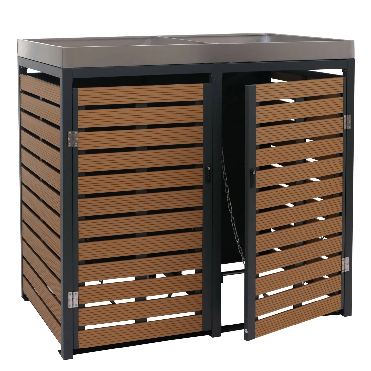 PROREGAL 2er Mülltonnenverkleidung HxBxT 124x134x84cm Mülltonnenbox Mit Pflanzkasten Teak-Optik WPC Edelstahl 79kg