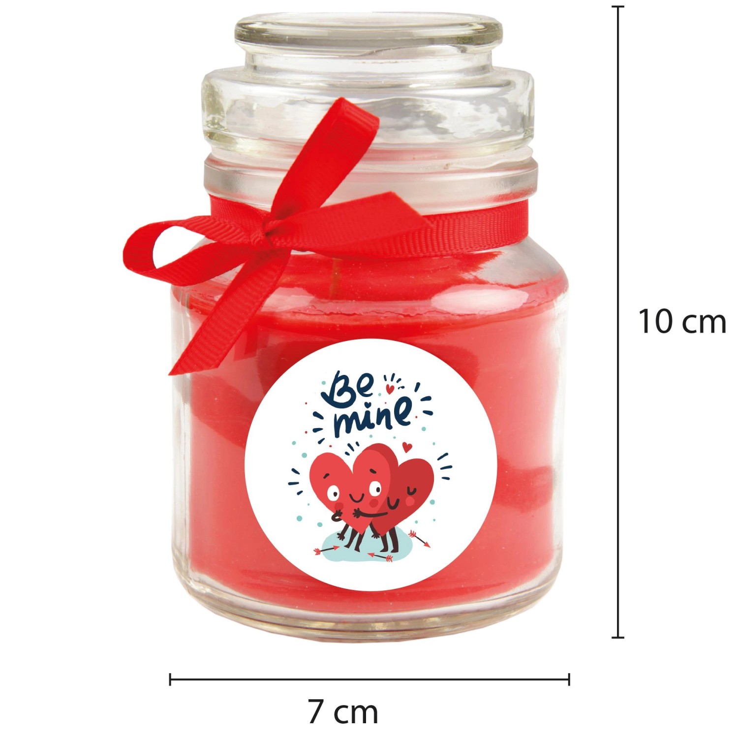 HS Candle Duftkerze im Glas mit rotem Band und "Be Mine" Motiv, ideal zum Valentinstag.