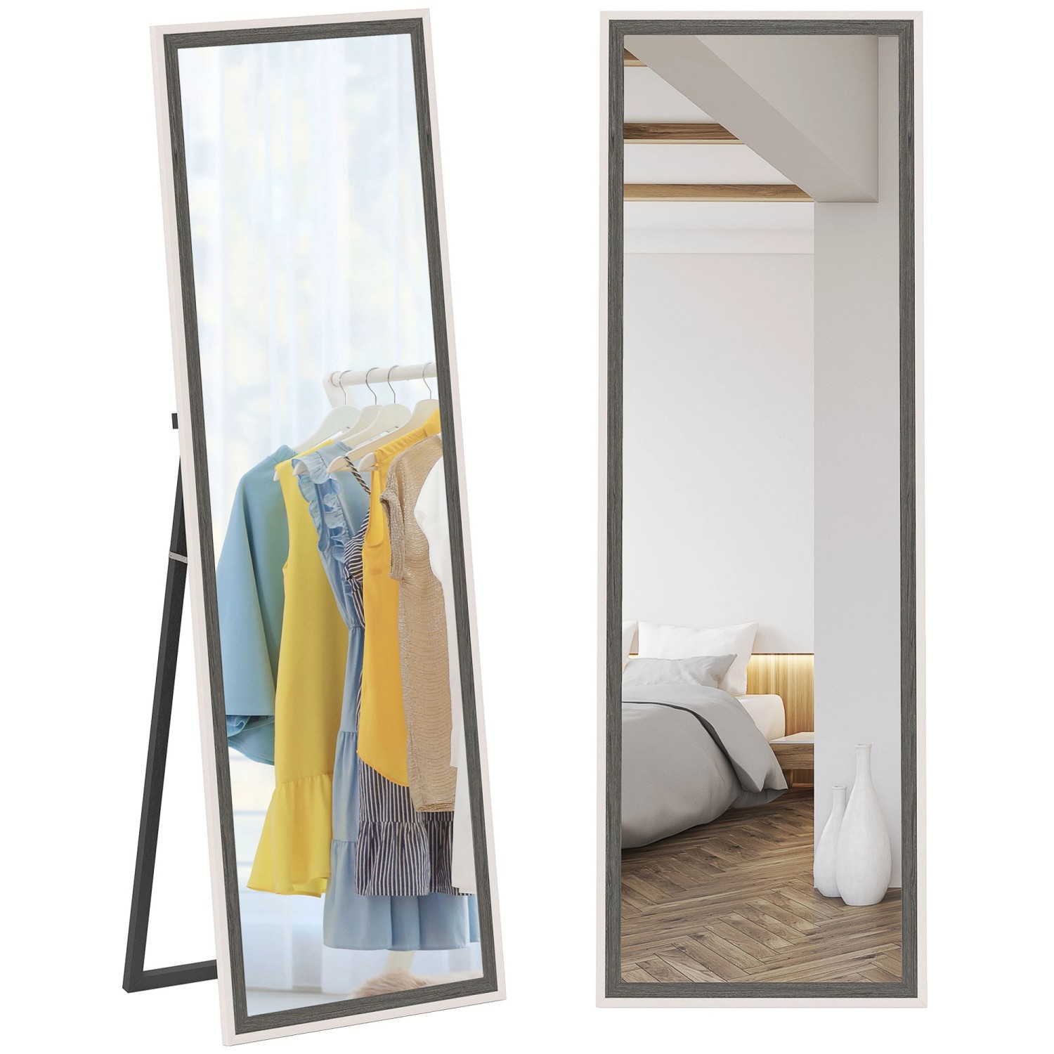 HOMCOM Ganzkörperspiegel Glas MDF 53,3L x 2,5B x 162,6H cm Weiß+Grau