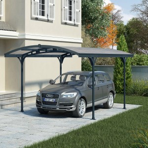 Palram Carport Atlas mit Bogen, Basaltgrau, mit Auto. Einzelcarport aus Aluminium mit Polycarbonat-Dach.