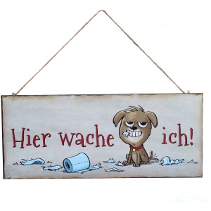 Metallschild Hund mit Spruch 'Hier wache ich!' und Jutekordel zur Gartendekoration.
